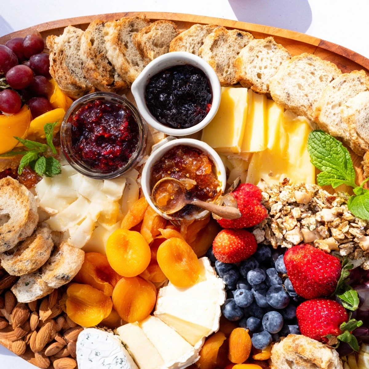 Colorful jam-infused brunch board with fruits, cheeses, and artisan bread slices.
