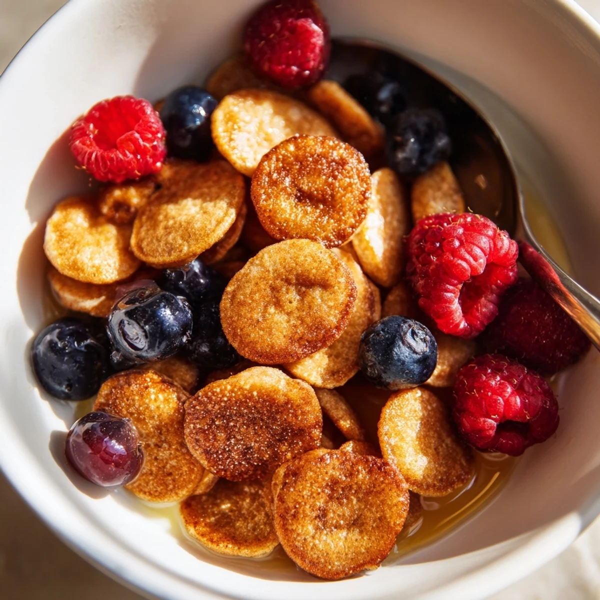 Mini Pancake Cereal arranged in a bowl, drizzled with syrup and topped with fresh berries.  