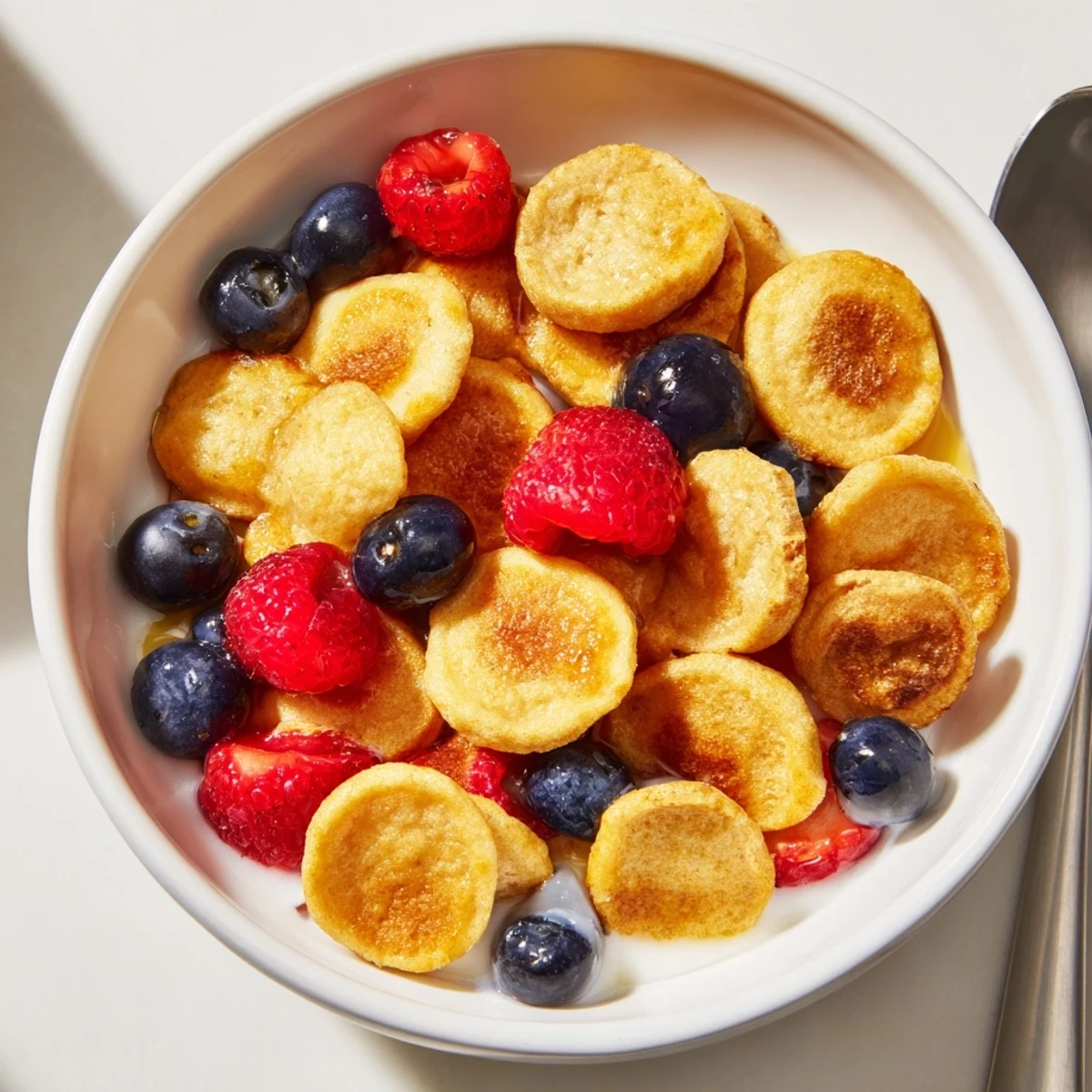 Deliciously cute Mini Pancake Cereal served with a splash of milk and banana slices.  