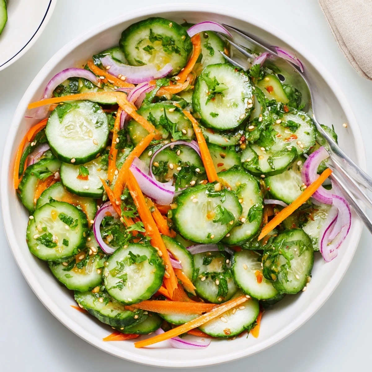 Delicious cucumber salad remix drizzled with tangy Asian-inspired dressing for a refreshing bite.