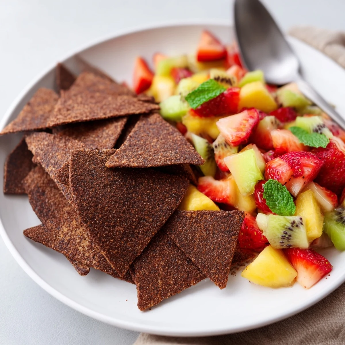 Crispy chocolate tortilla chips alongside vibrant fruit salsa for a delightful dessert.  