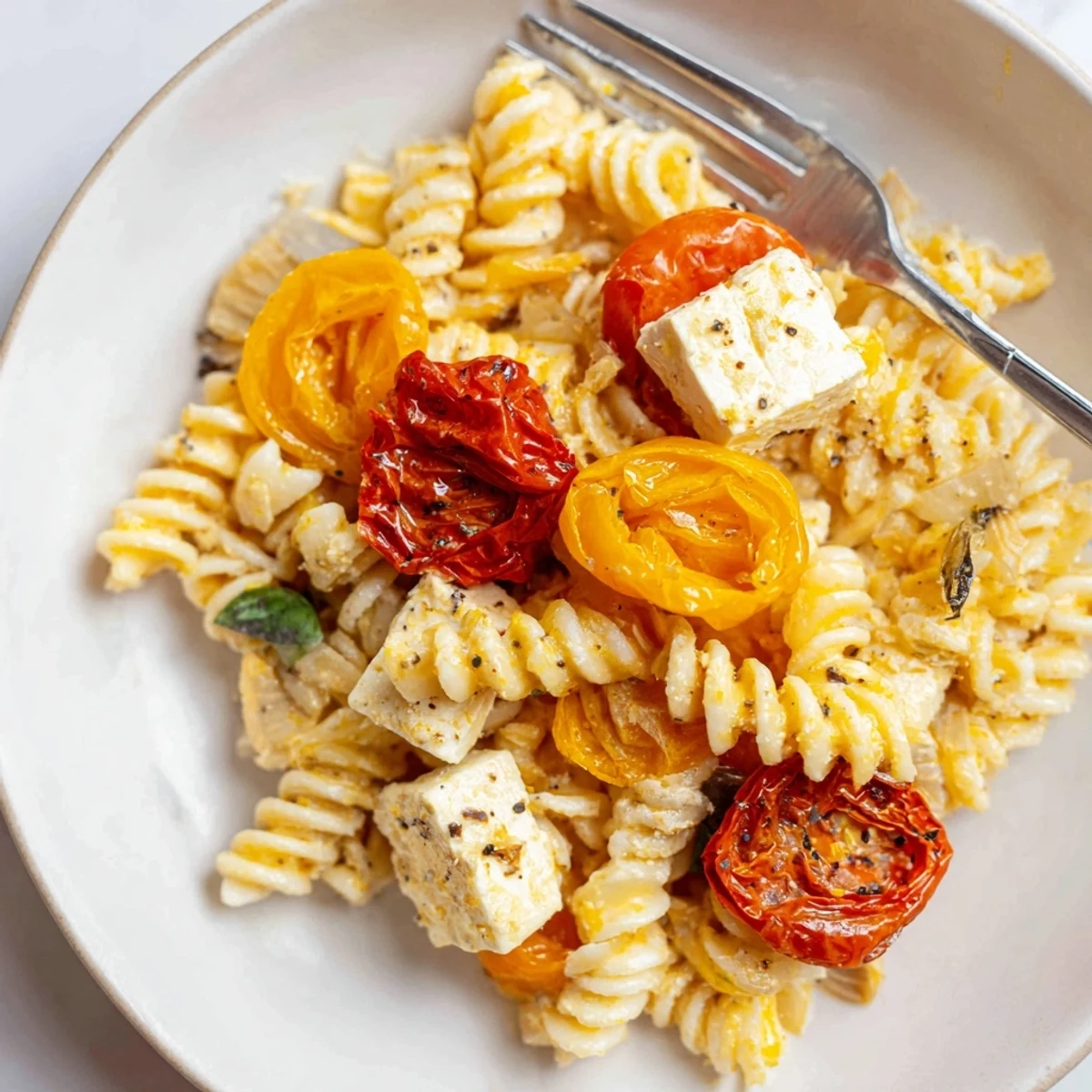 Mouthwatering baked feta pasta topped with caramelized onions and sun-dried tomatoes.  