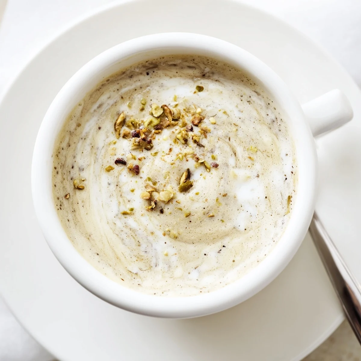 Creamy pistachio milk latte topped with crushed nuts for a delightful zing.  