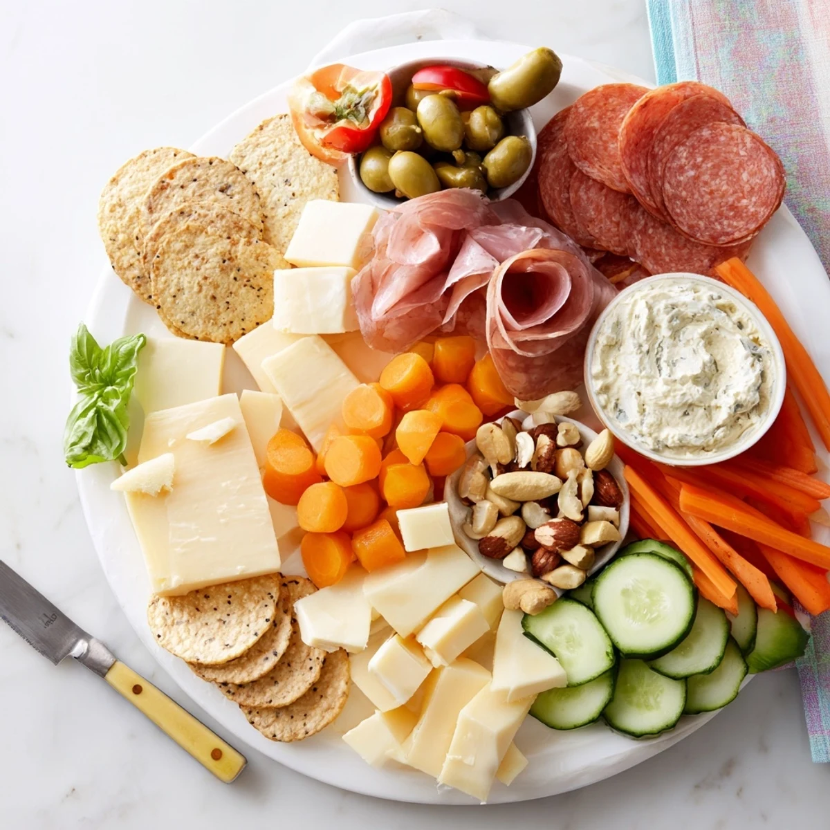 A colorful girl dinner platter filled with cheeses, fruits, and tasty dips.  