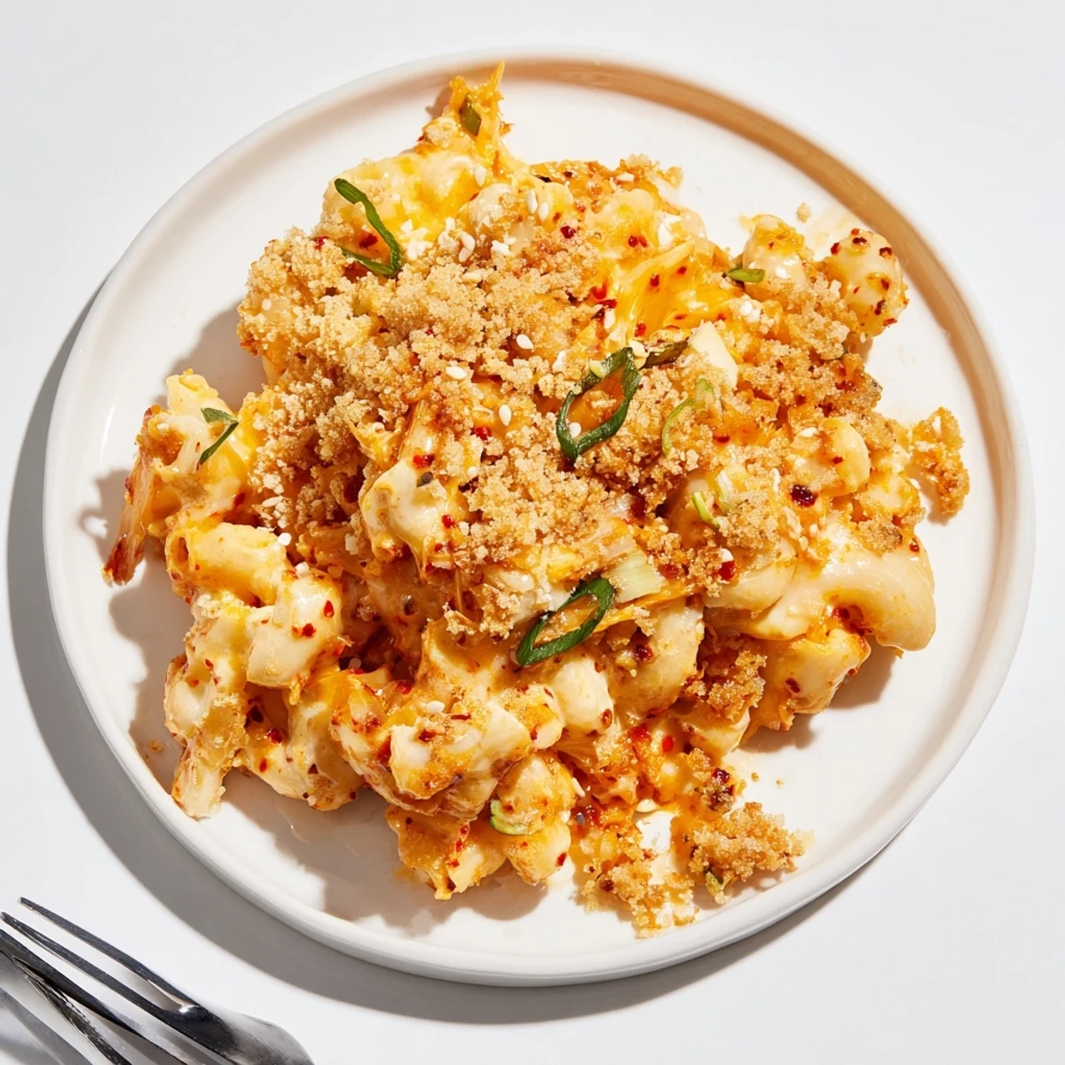 Creamy Spicy Kimchi Mac & Cheese topped with crunchy sesame for a unique flavor.  