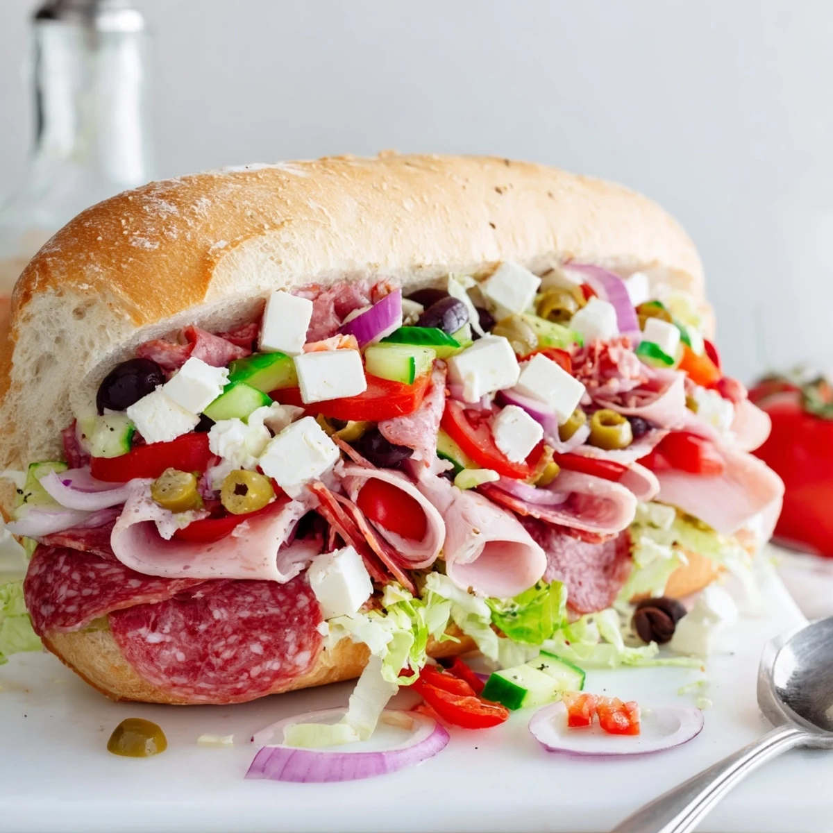 Vibrant Flavor Mash-Up Sandwiches stacked high with meats, cheeses, and fresh veggies.  