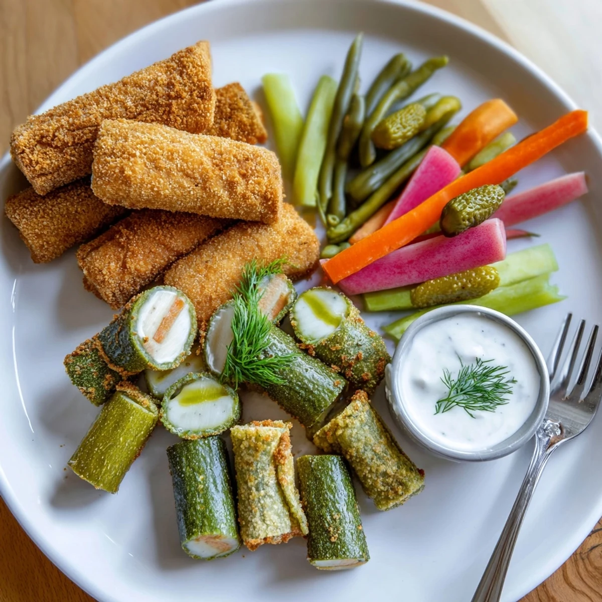 Crispy fried pickles served on a platter with vibrant pickled vegetables.  