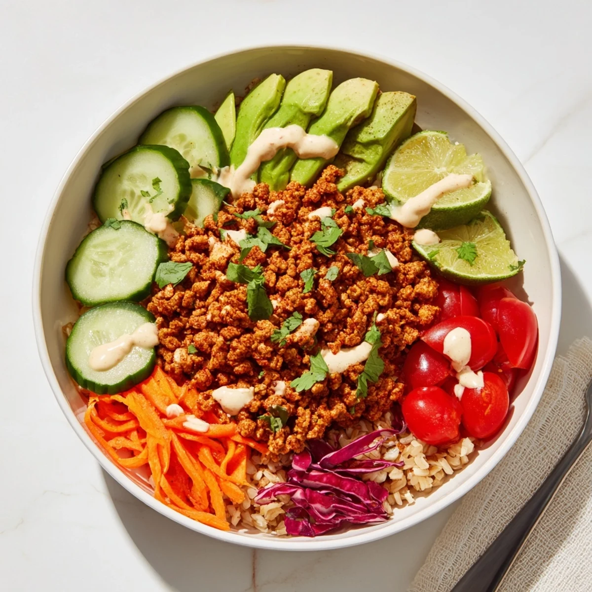 A colorful plant-based meat bowl topped with fresh vegetables and zesty lime.  