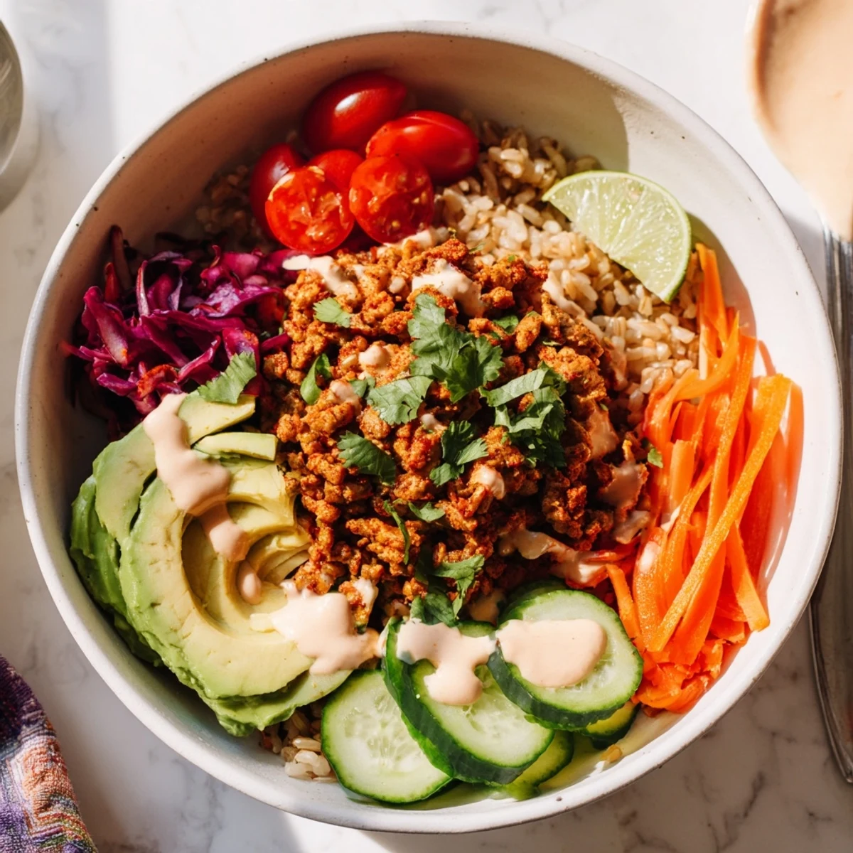 Delicious plant-based meat bowl featuring avocado, cherry tomatoes, and spicy mayo drizzle.