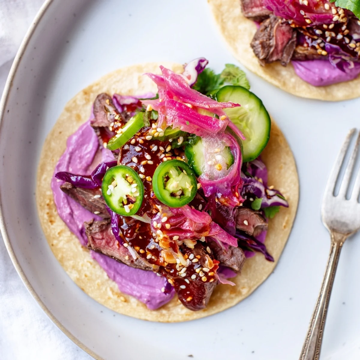 Vibrant Global Street-Food Fusion Tacos topped with colorful veggies and creamy ube crema.  