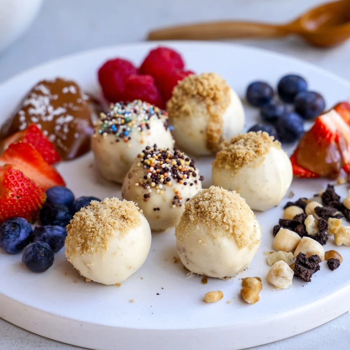 Decadent deconstructed dessert board featuring creamy cheesecake bites with fresh toppings.  