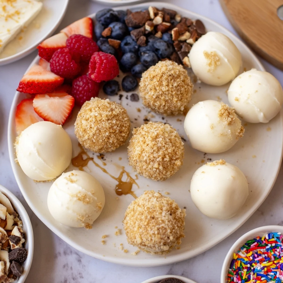 Colorful cheesecake bites on a rustic board, surrounded by strawberries and chocolate drizzle.  