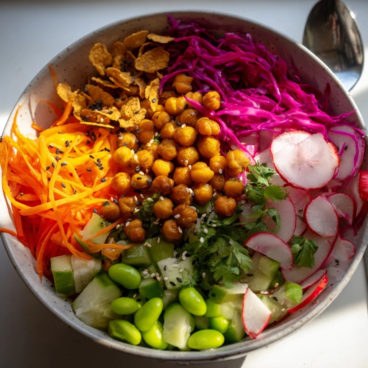 Vibrant ASMR Crunch Snack Bowls overflowing with colorful veggies and crispy toppings.  