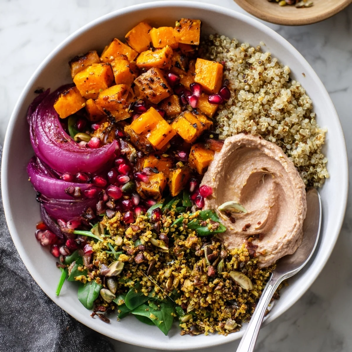 Colorful spiced winter bowls featuring crispy vegetables and crunchy pistachio-maple crumble.  