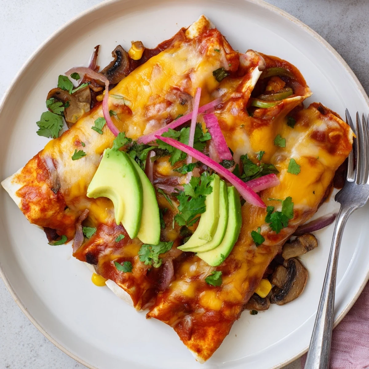 Vibrant Farmers Market Vegetarian Enchiladas topped with melty cheese and fresh avocado slices.
