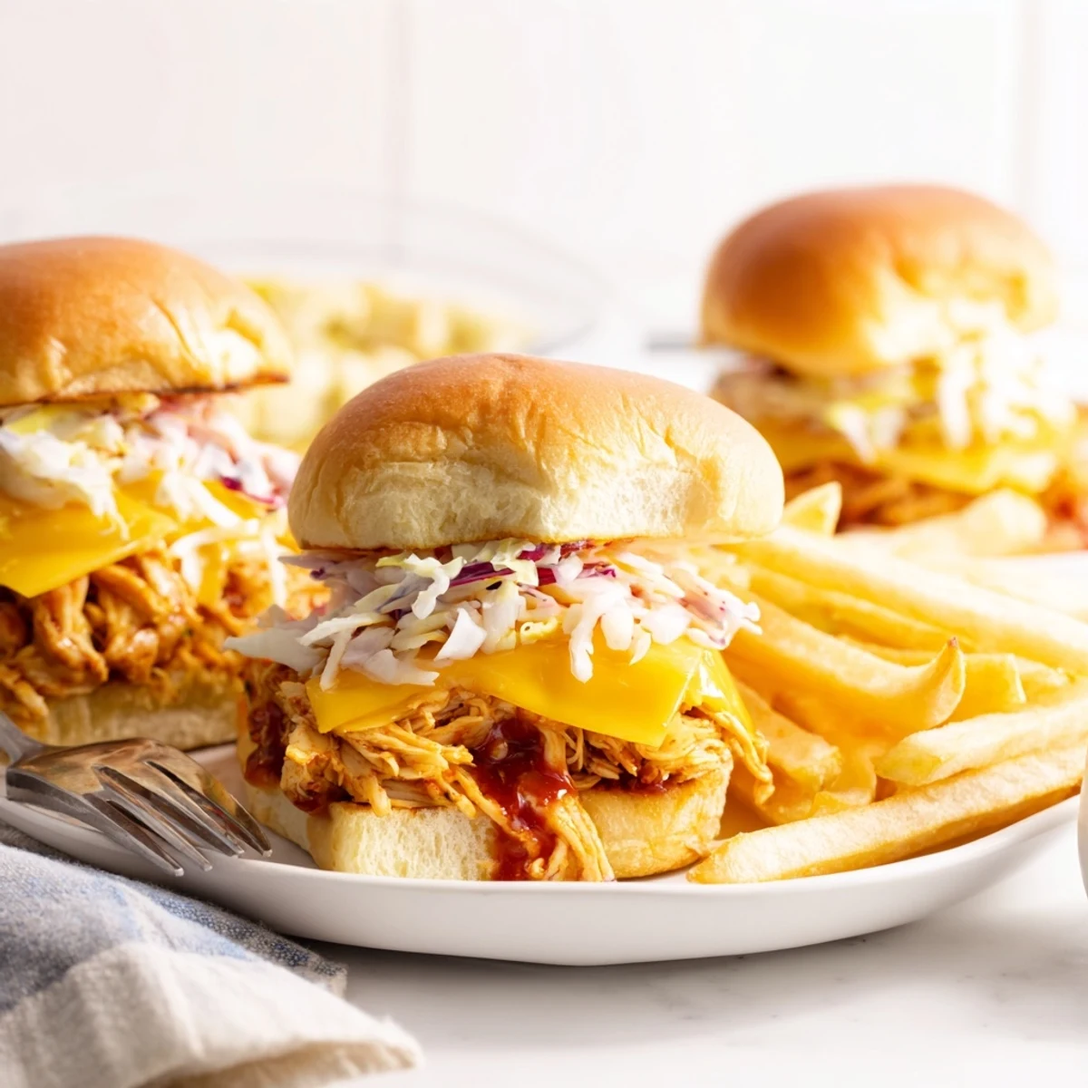 Juicy BBQ chicken sliders stacked on soft buns, served with crispy fries.