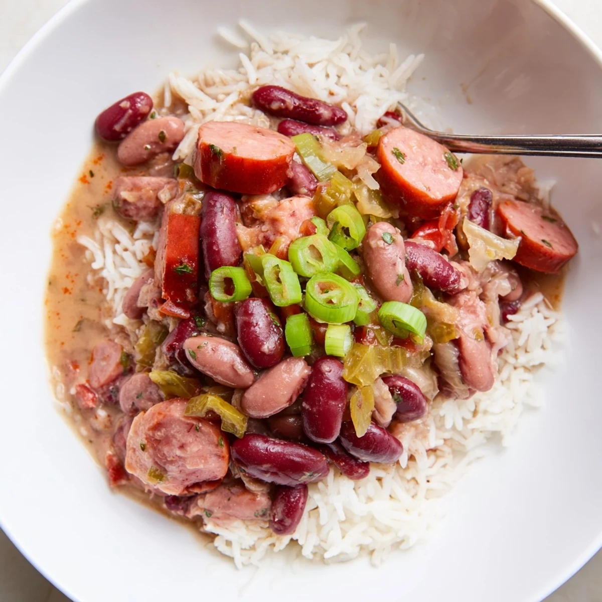 Hearty red beans & rice with smoky sausage, served over fluffy white rice.  