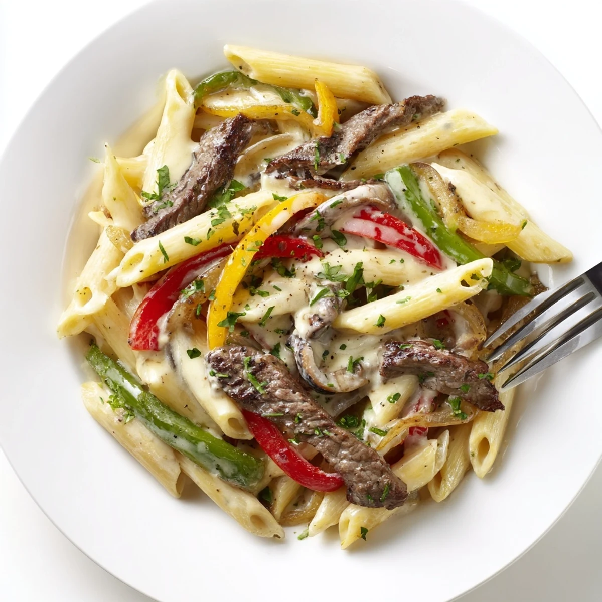 Hearty Philly Cheese Steak Pasta with tender beef and creamy cheese sauce.  