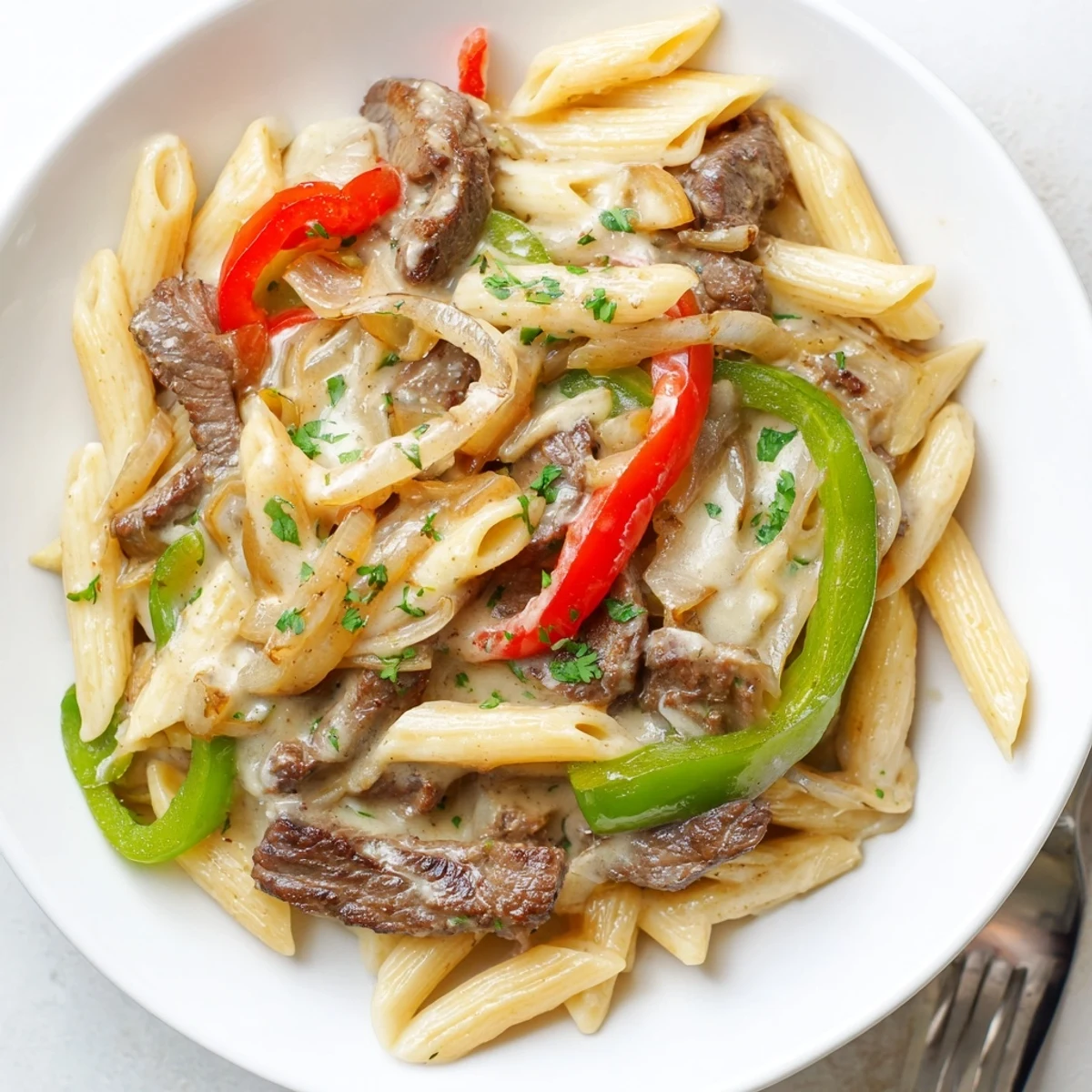 Deliciously creamy Philly Cheese Steak Pasta topped with fresh parsley for garnish.