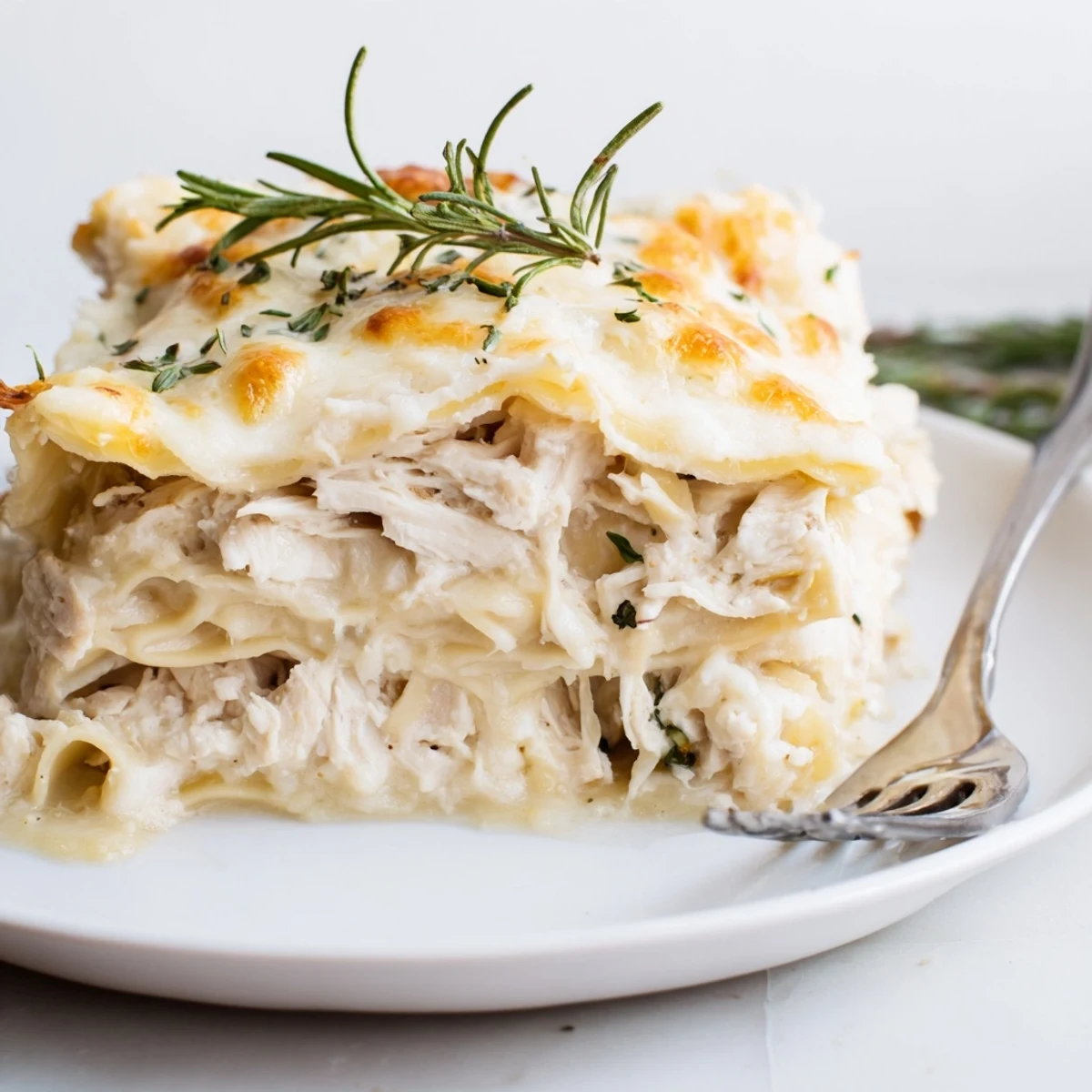 Golden-brown rosemary chicken lasagna layered with creamy béchamel and mozzarella cheese.