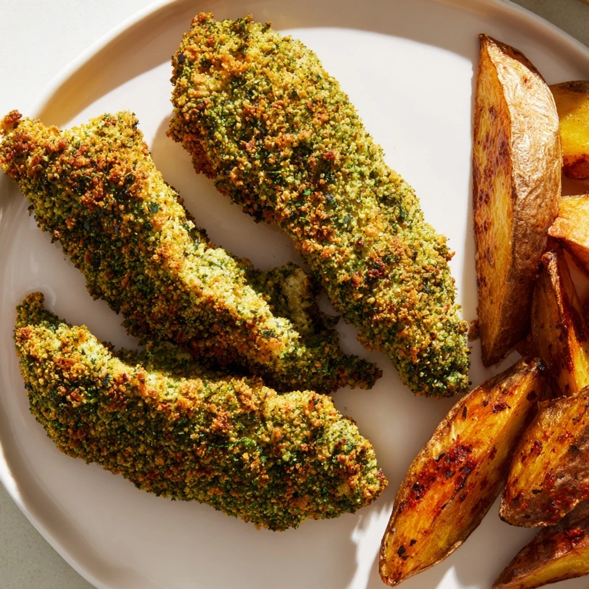 A plate of herbed chicken tenders with fragrant herbs, paired with crunchy, seasoned potato wedges.