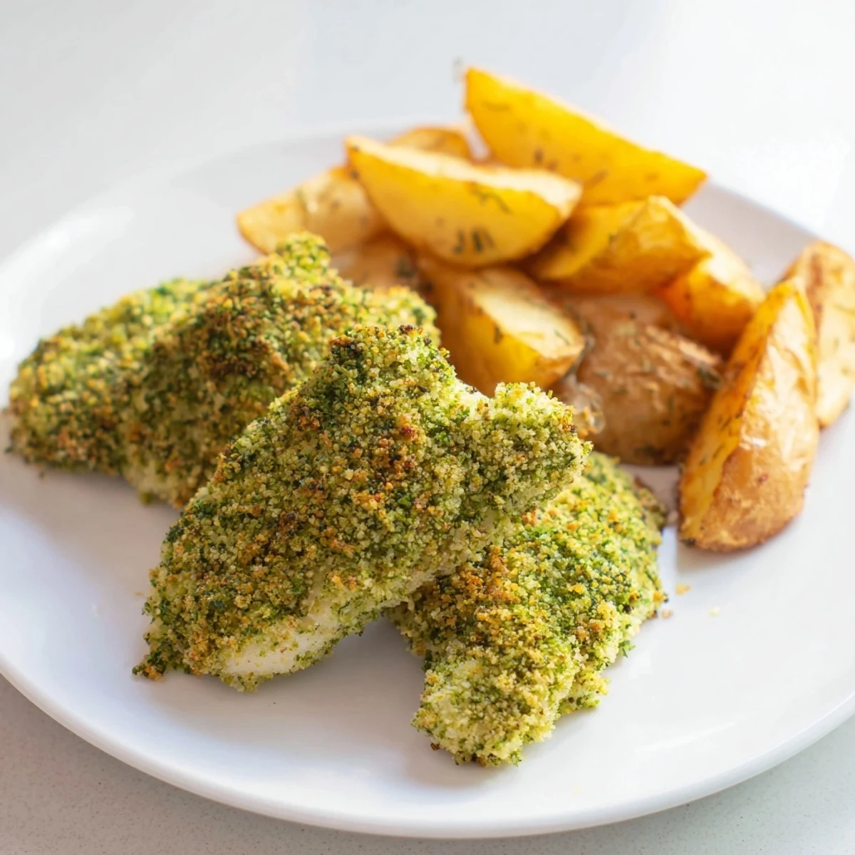 Golden-fried herbed chicken tenders alongside crispy potato wedges, making a delicious family meal.
