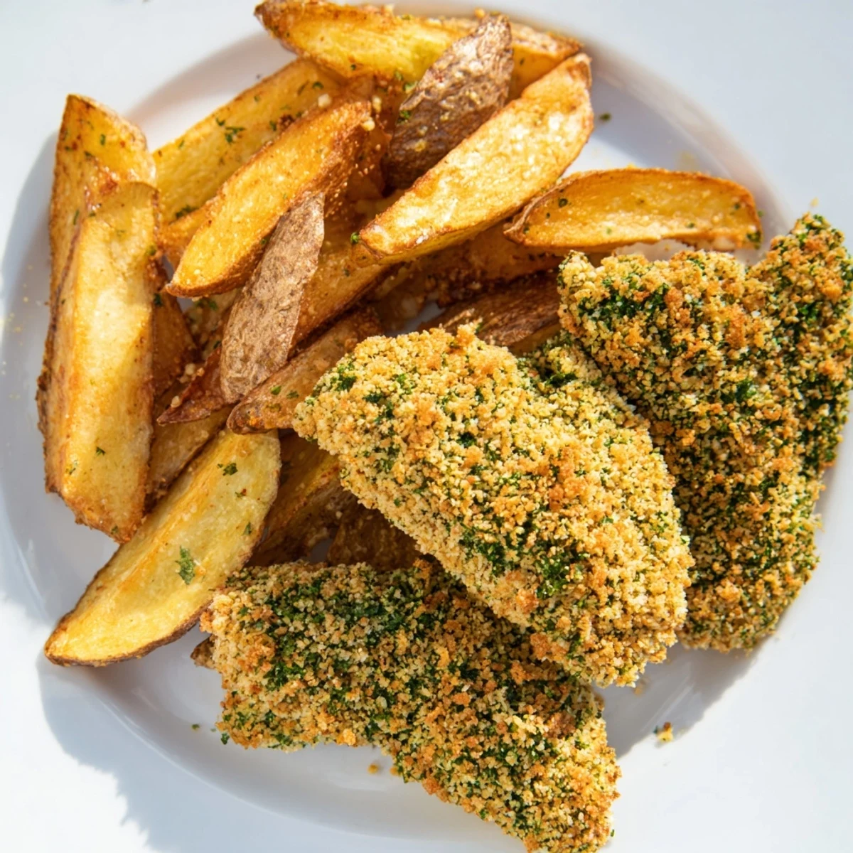 Close-up of juicy herbed chicken tenders and baked potato wedges, seasoned and ready to eat.