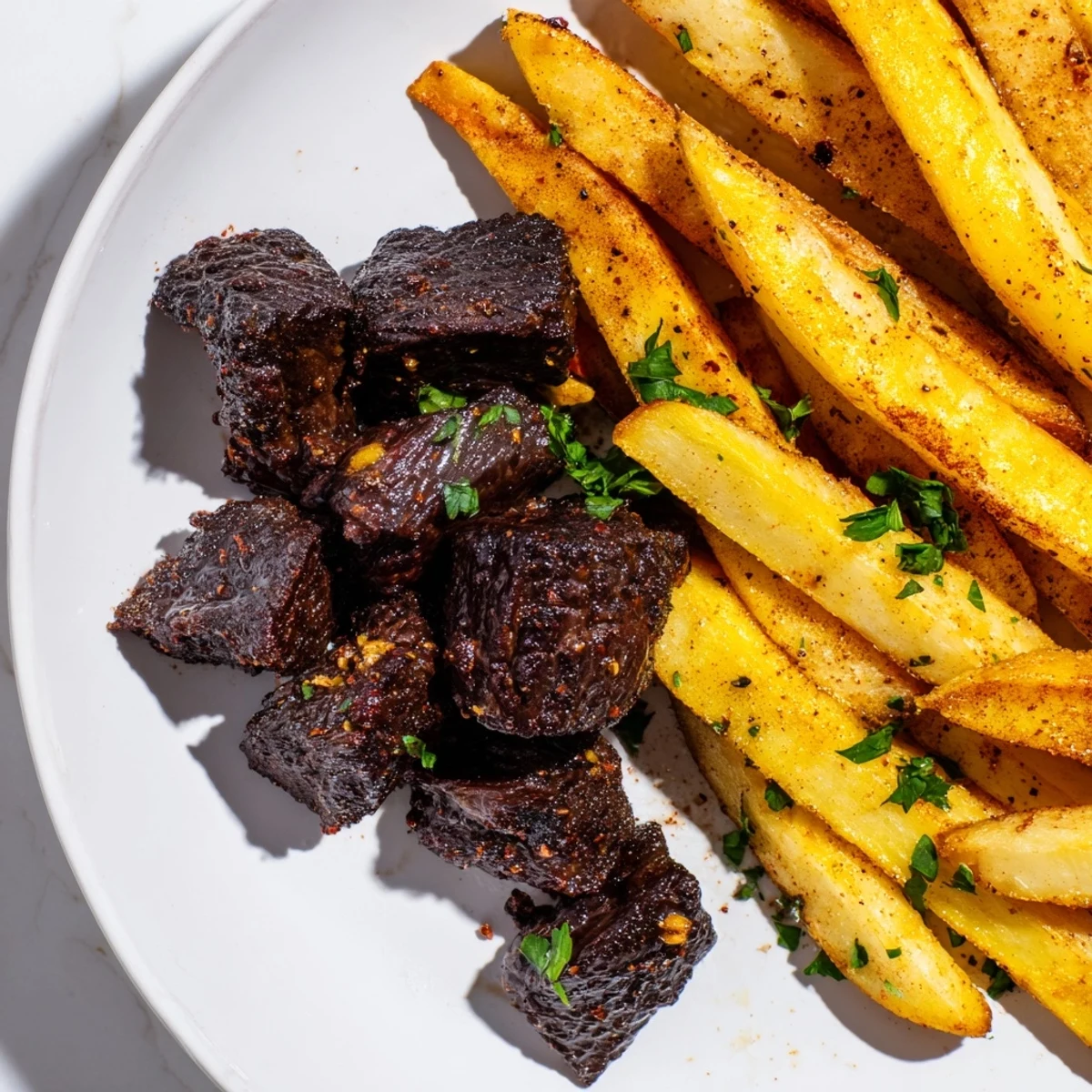 Golden, crispy fries and juicy Blackened Cajun Steak Bites, a flavorful, sizzling meal ready to enjoy!