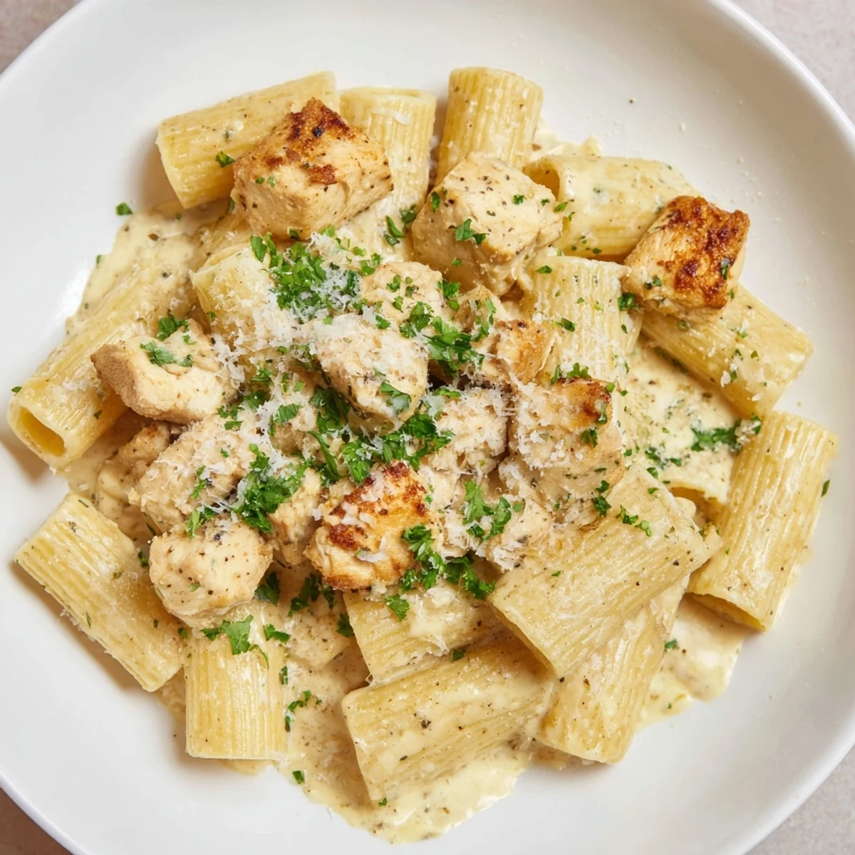 Creamy garlic Parmesan chicken rigatoni, plated and ready to eat, with lots of sauce.