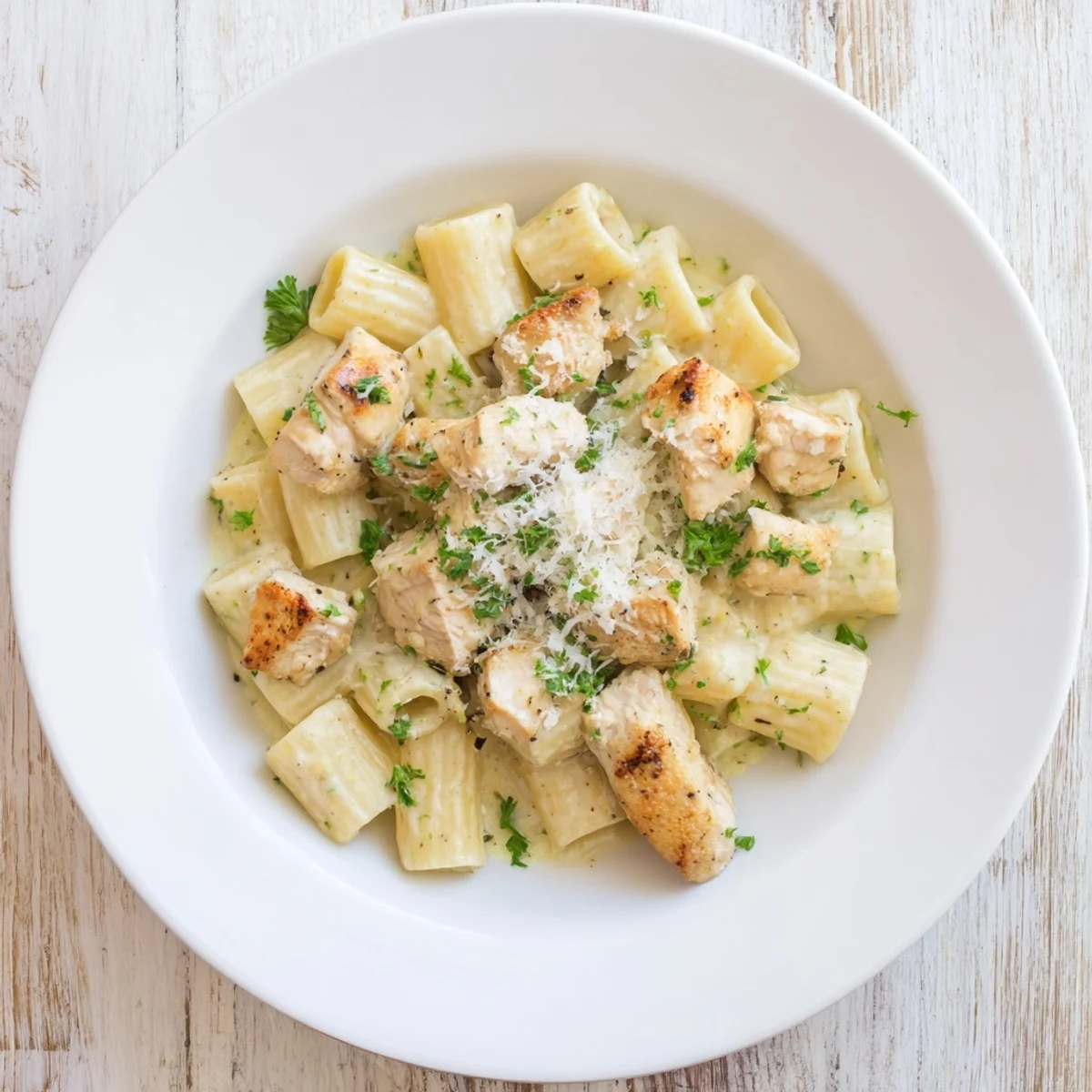 A close-up shot of the creamy garlic Parmesan chicken rigatoni, garnished with parsley.