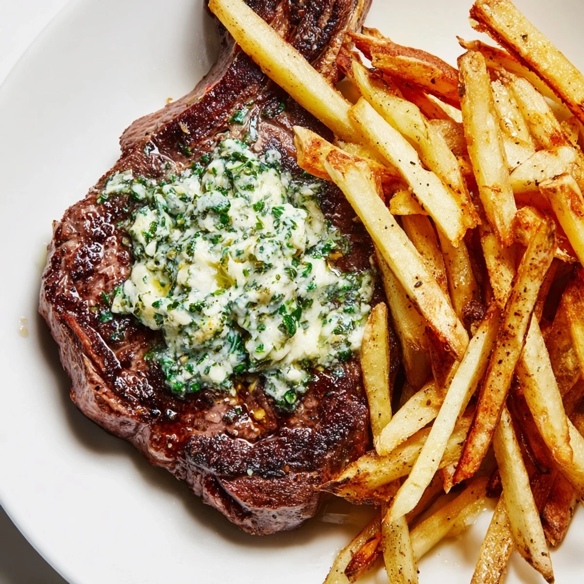 Sizzling Steakhouse Garlic Butter Steak & Fries, with a pat of herb butter melting atop the seared steak.