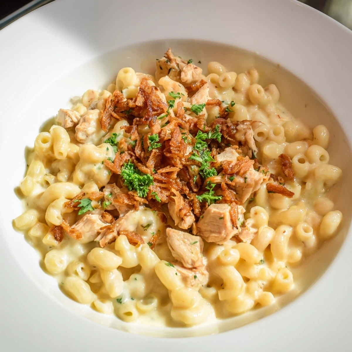 One-pot Honey BBQ Chicken Mac and Cheese, bubbling and ready to serve, is creamy with melted cheese.