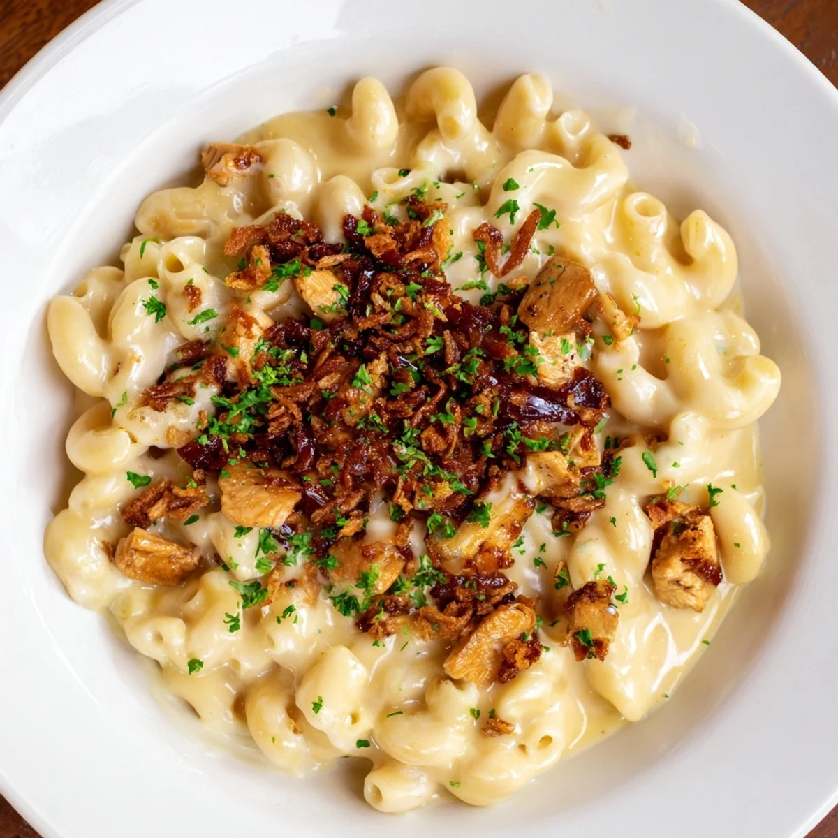 Golden brown, melted cheese covers the delicious One-Pot Honey BBQ Chicken Mac and Cheese topped with fresh parsley.