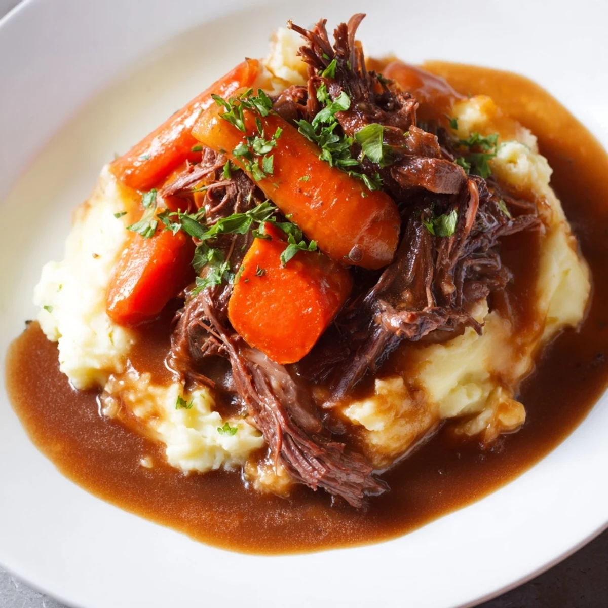 A close-up of a steaming, savory slow cooker pot roast with creamy mashed potatoes.