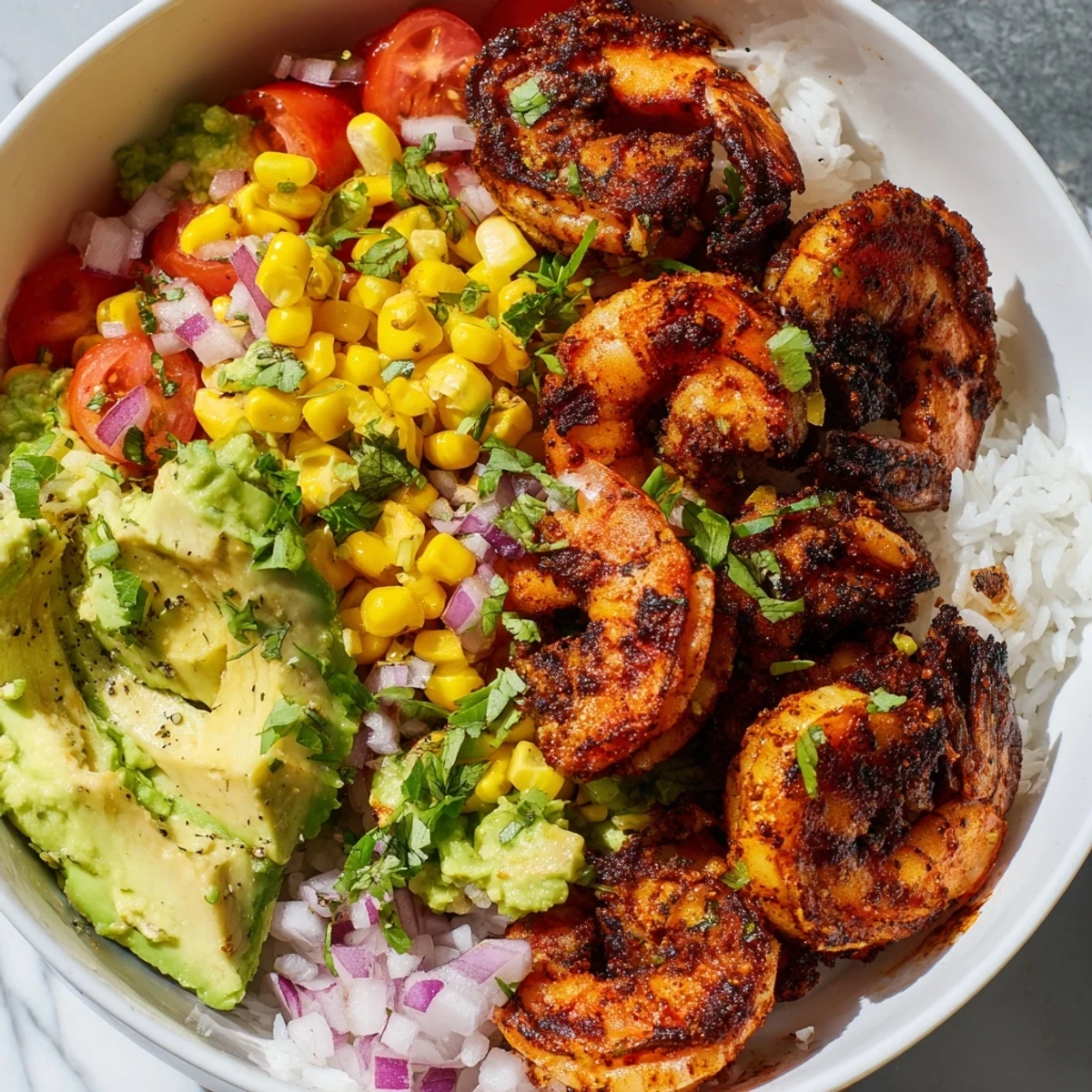 Vibrant photo of the Easy Grilled Shrimp Bowl with Avocado Corn Salsa, ready to enjoy with a lime wedge.