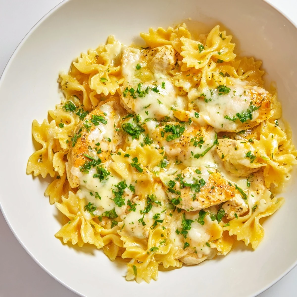 Golden, bubbly Mozzarella Garlic Butter Chicken Bowties, a creamy and cheesy Italian-American comfort food dinner.
