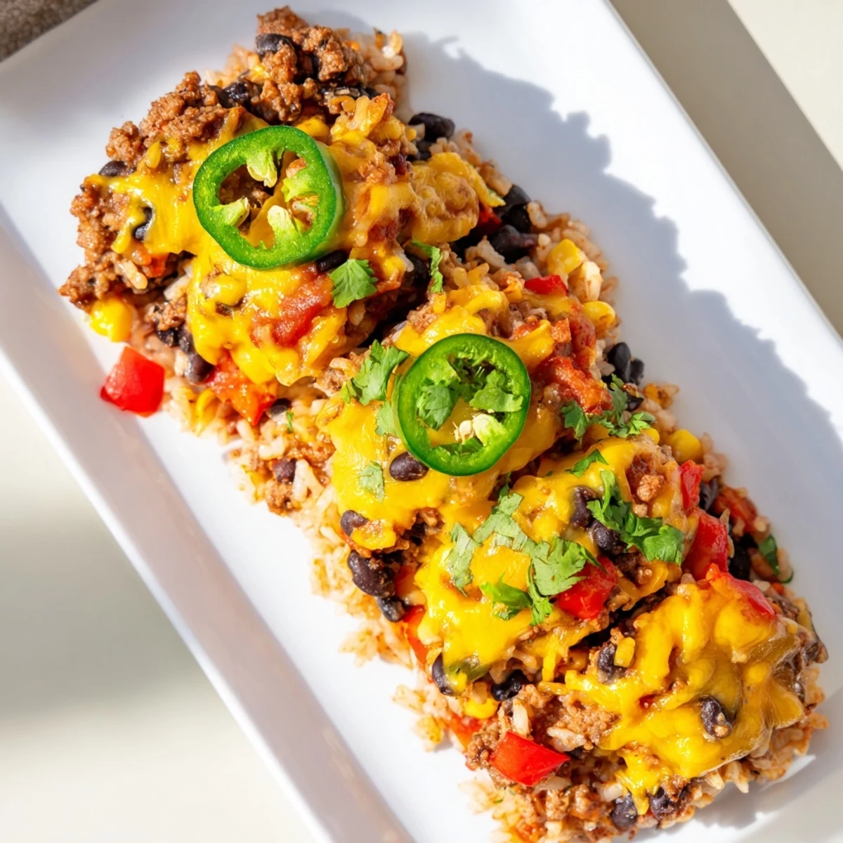 Golden-topped Tex-Mex Beef & Rice Casserole, a delightful view of a cheesy, hearty meal.