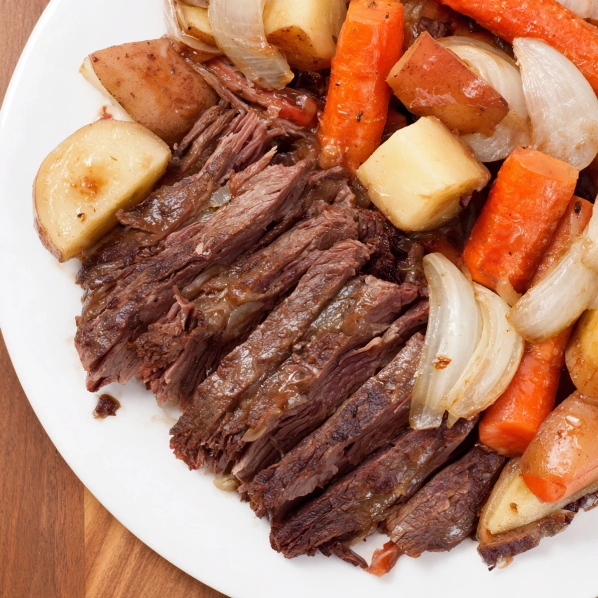 Tender Sunday pot roast with roasted veggies, showing juicy beef surrounded by colorful carrots and potatoes.