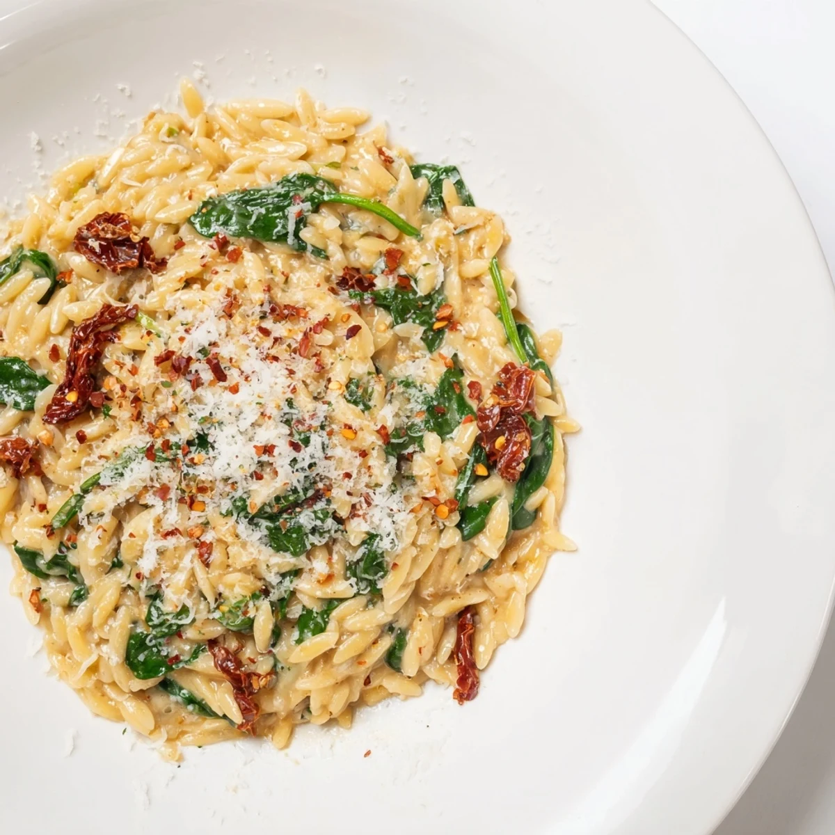 Tuscan orzo bowl featuring creamy pasta, spinach, and sun-dried tomatoes; a delicious vegetarian dinner.