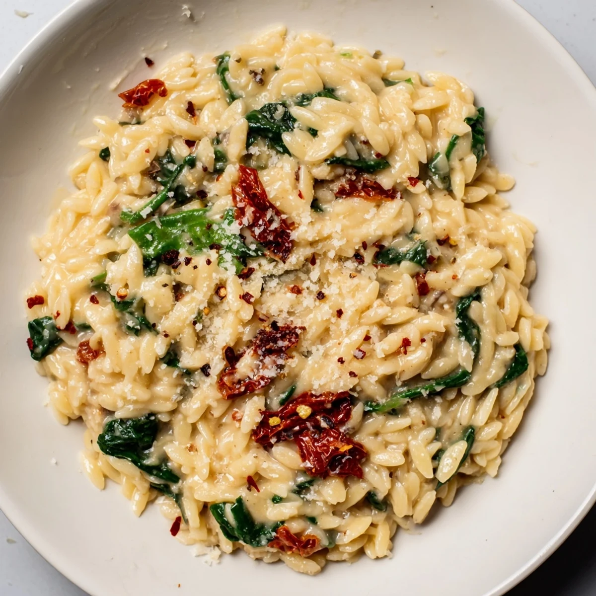Close-up of a creamy Tuscan orzo bowl, a comforting Italian pasta dish, ready to be enjoyed.