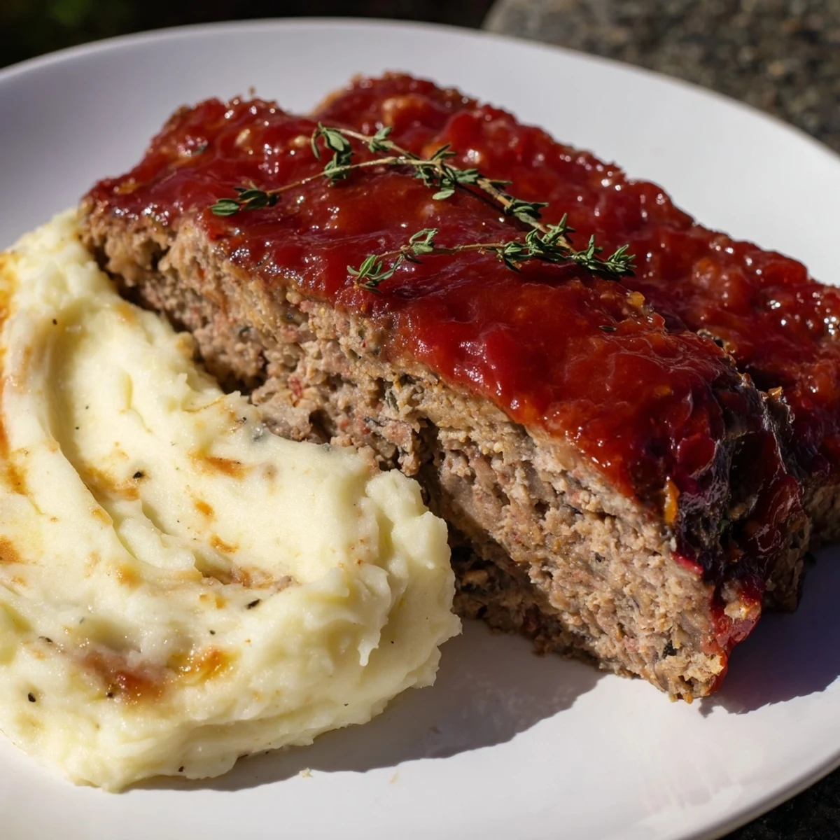 Classic meatloaf and mashed potatoes, golden-brown and glistening, served alongside creamy, fluffy potatoes.