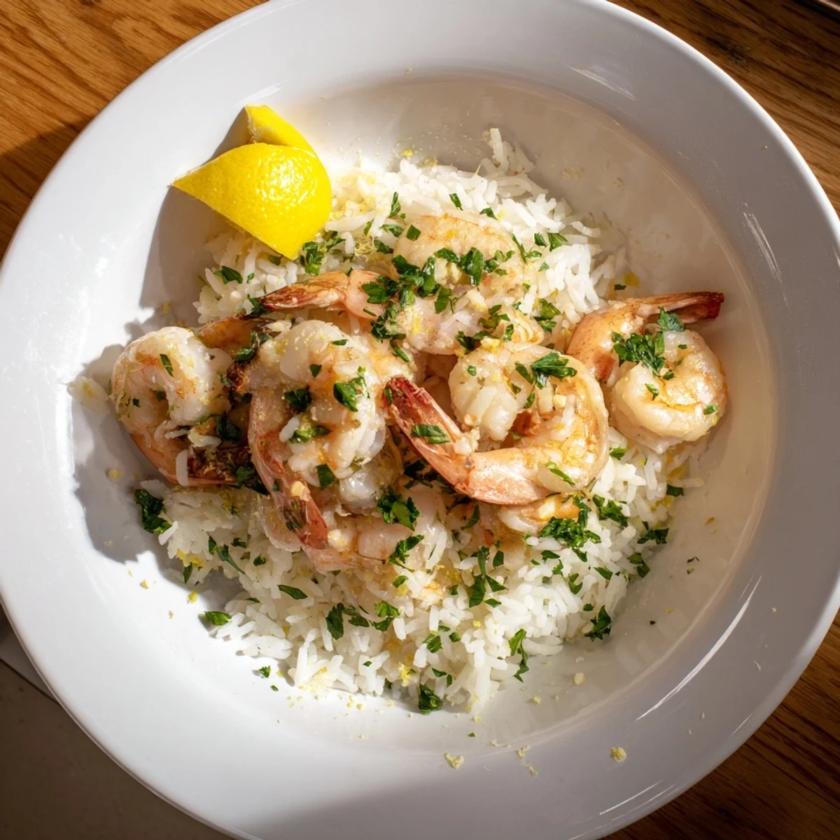 Golden garlic butter shrimp, glistening on fluffy rice, a delicious bowl of comfort food.