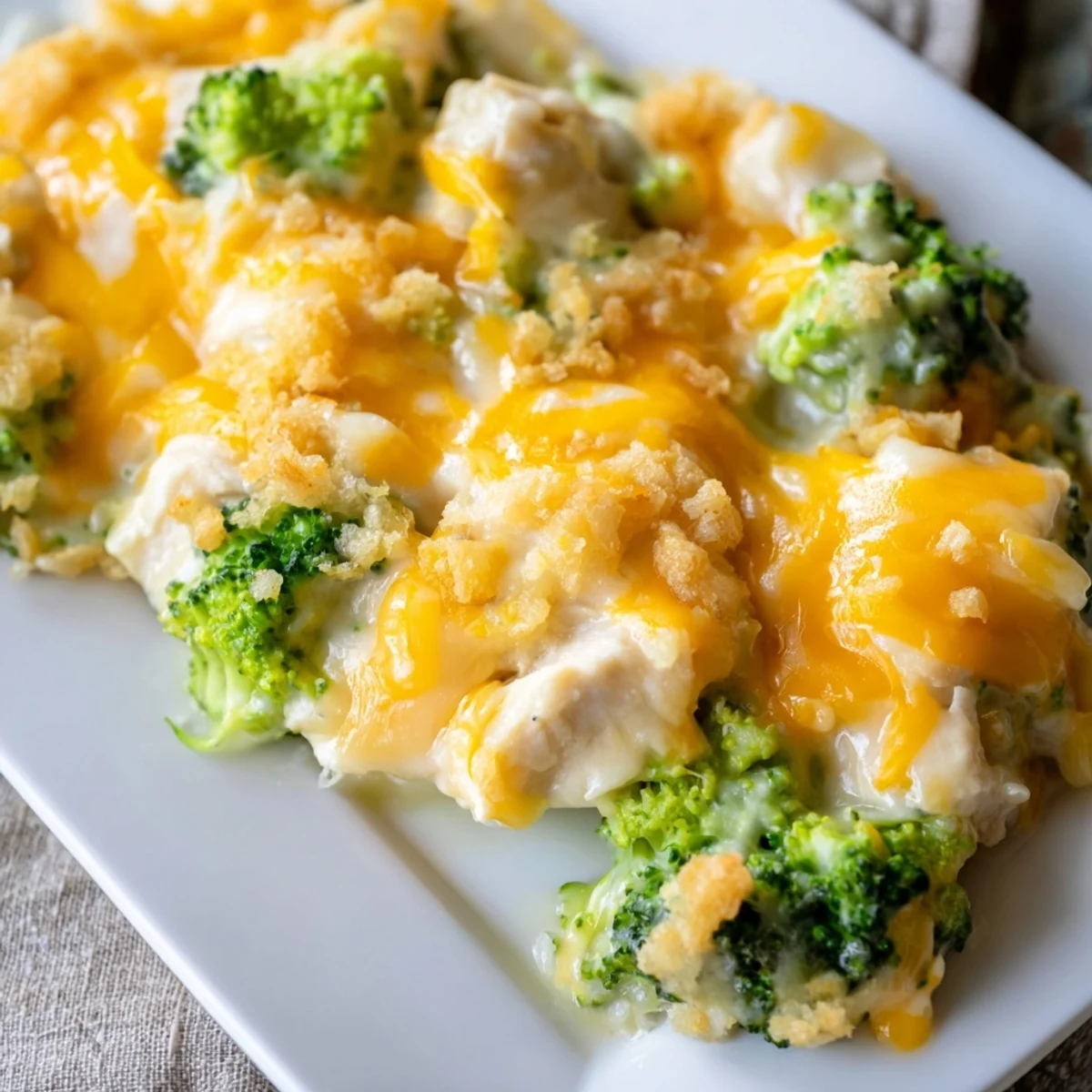 A creamy, cheesy cheddar broccoli chicken bake, ready to serve with flavorful chicken and broccoli.