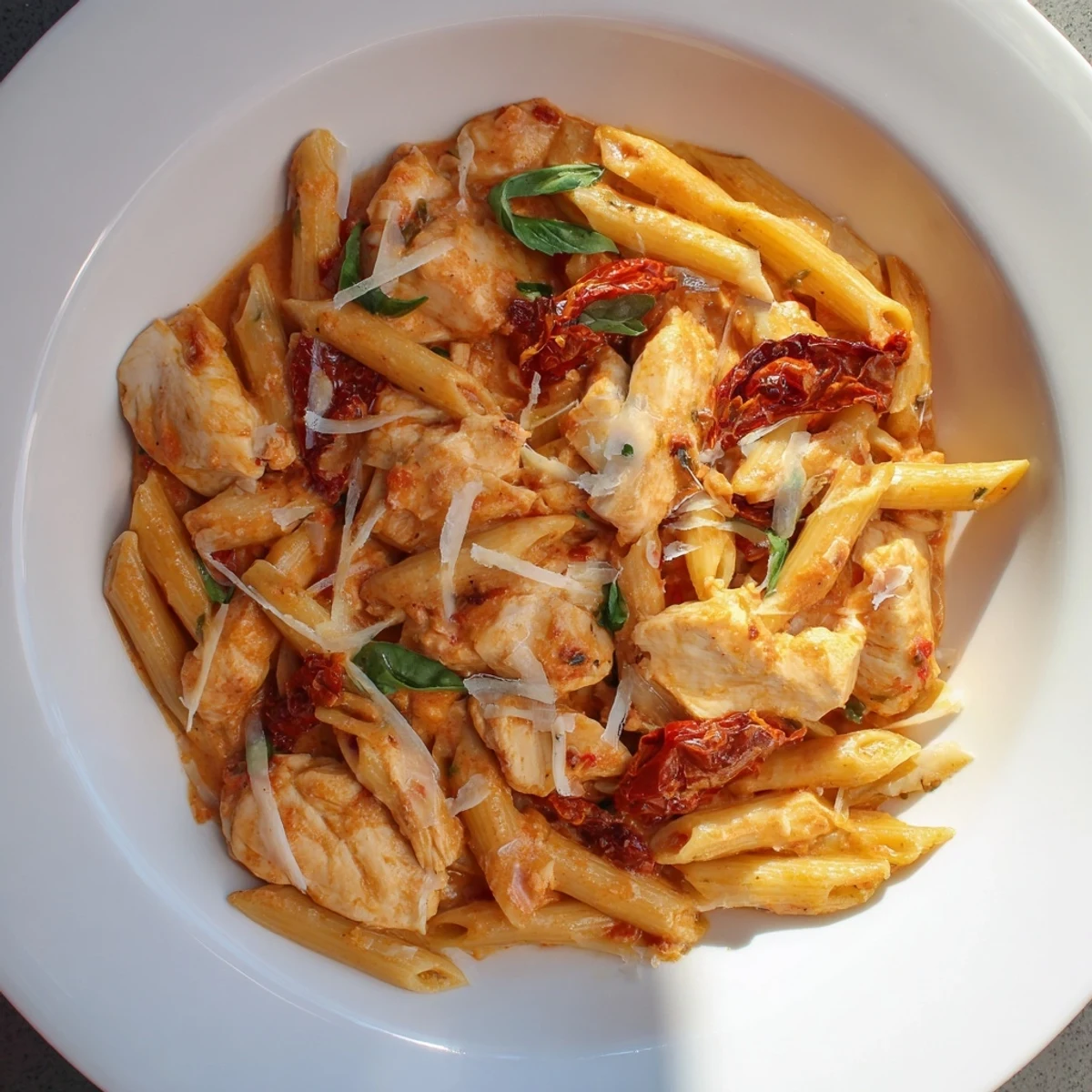 Warm, rich creamy tomato basil chicken pasta is photographed, garnished with fresh basil leaves.