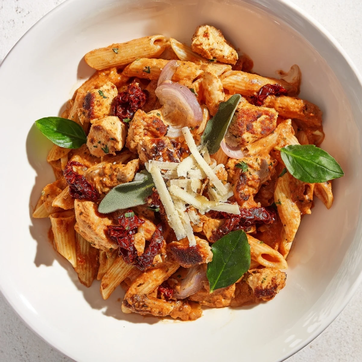 A close-up view of the creamy tomato basil chicken pasta, ready to enjoy for a delicious dinner.