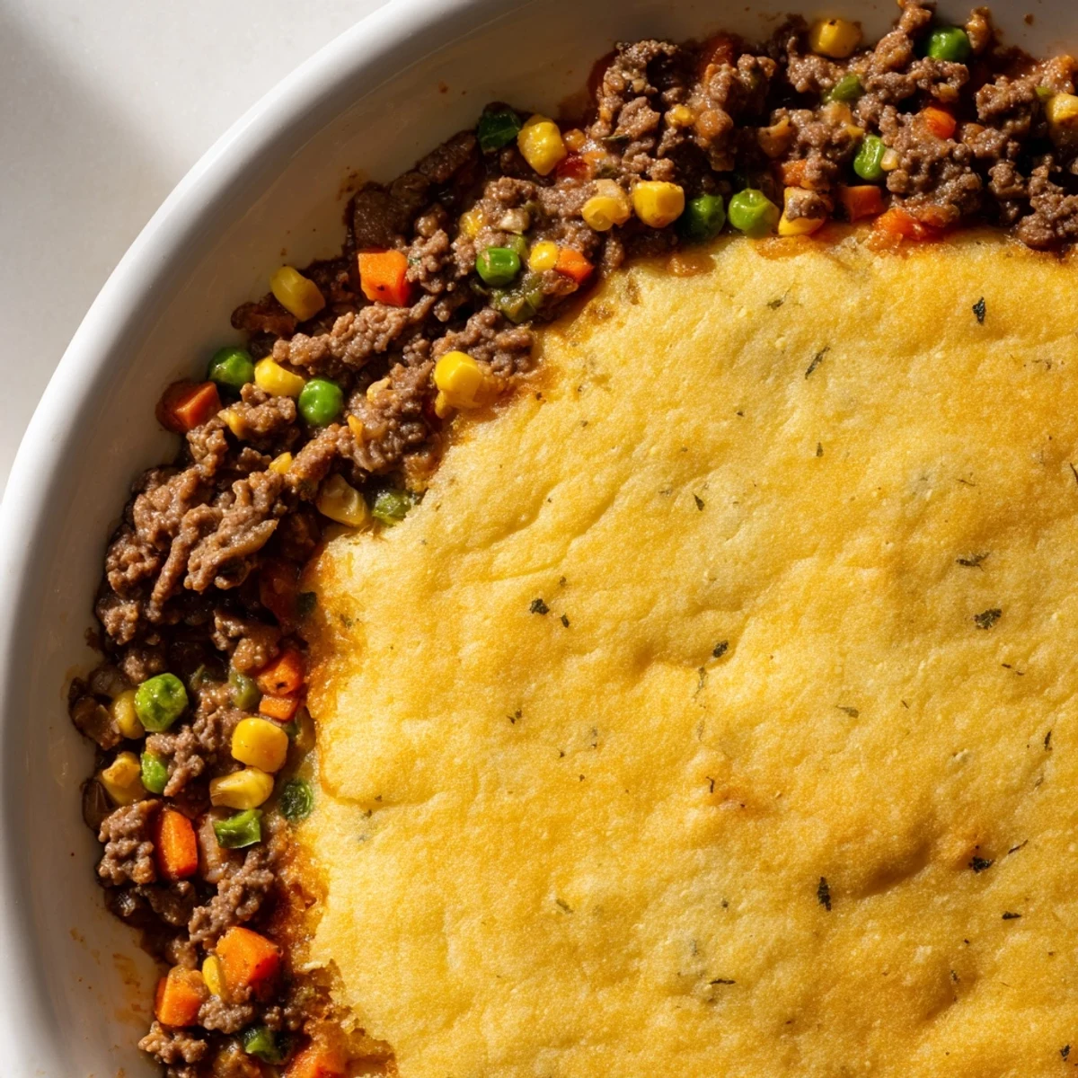 Golden, perfectly baked cornbread crust topping a savory, bubbling Cornbread Crusted Beef Pie.