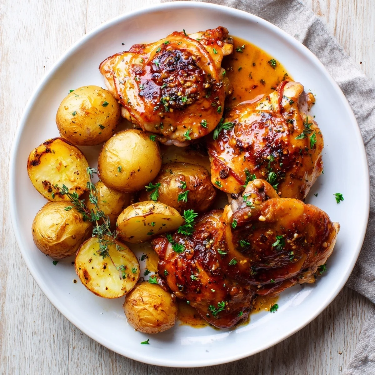 Close-up of baked honey mustard chicken thighs and potatoes, ready for a comforting family dinner.