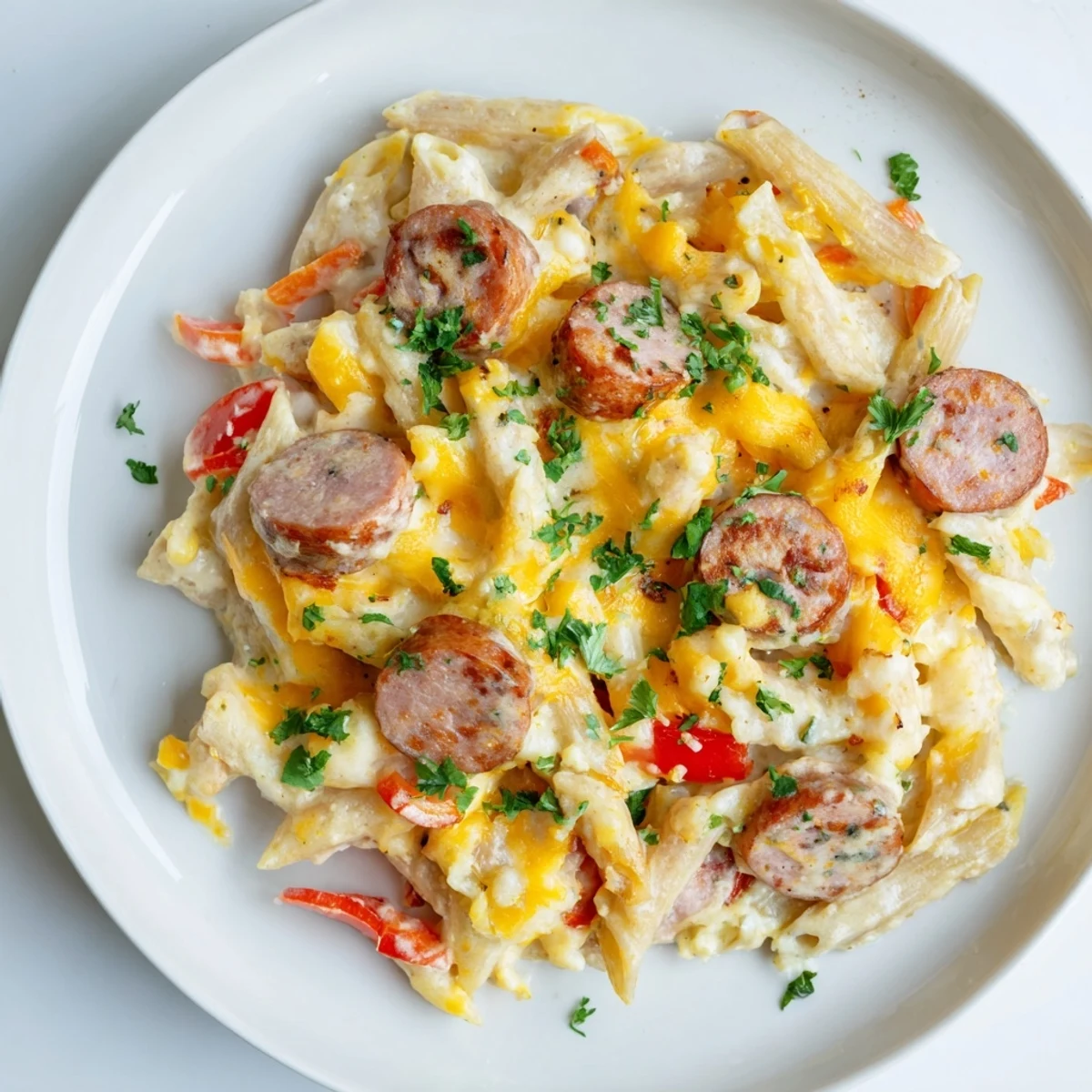 Golden, bubbling Smoked Sausage & Cheddar Pasta Bake with a crispy, cheesy top, ready to serve.