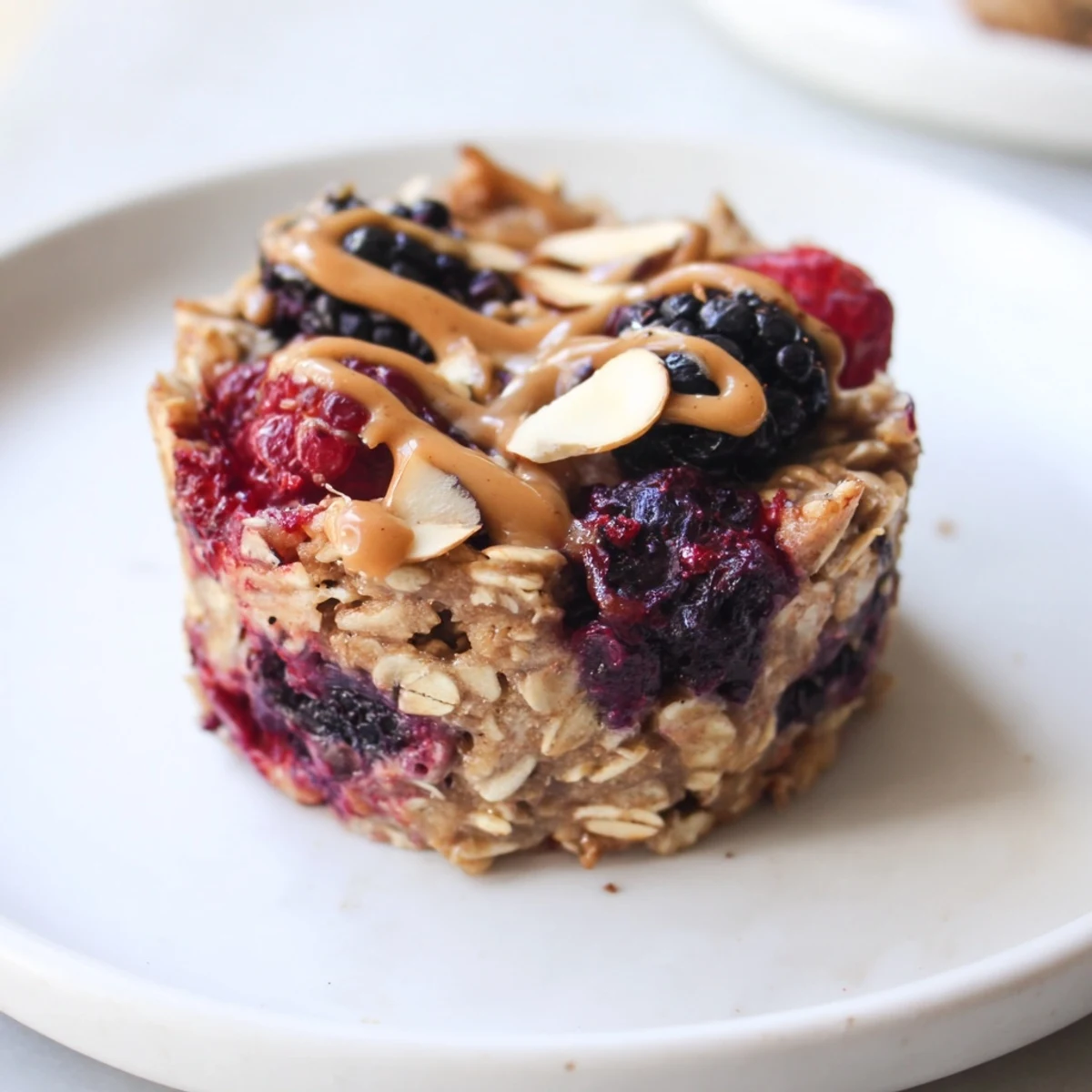 Warm, golden baked oatmeal cups with winter berries and a drizzle of almond butter, ready to eat.