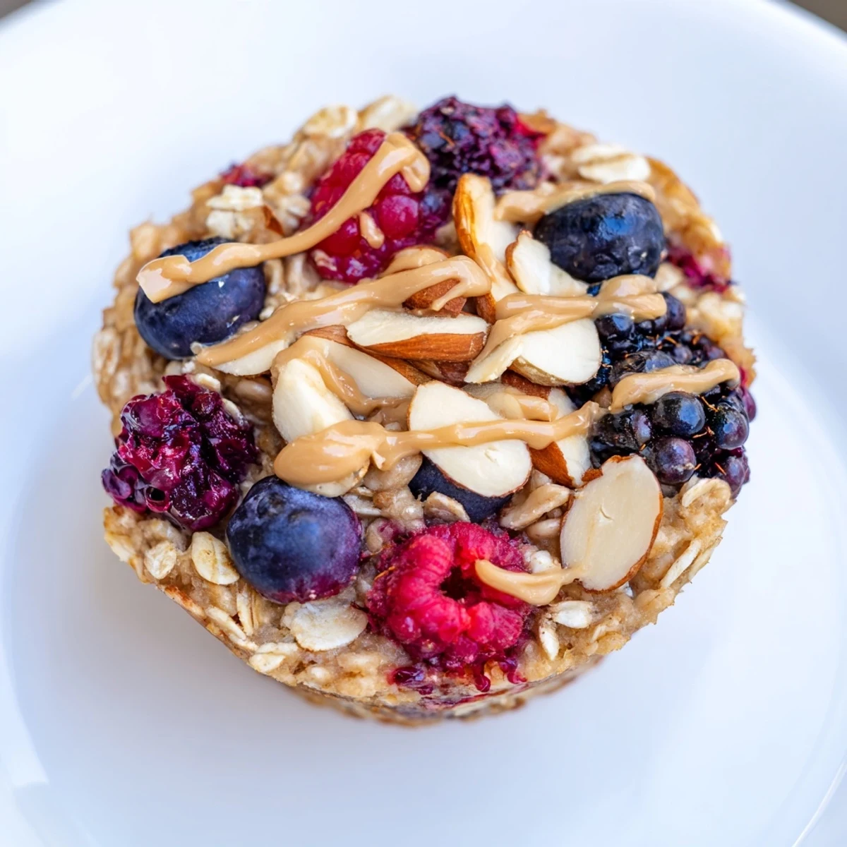 Close-up of fluffy baked oatmeal cups filled with winter berries, offering a delightful breakfast option.